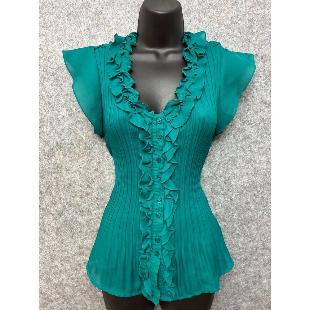 Y2K Festival Pleated Ruffle Front Sheer Blouse Flutter Sleeves Feminine Size M/L